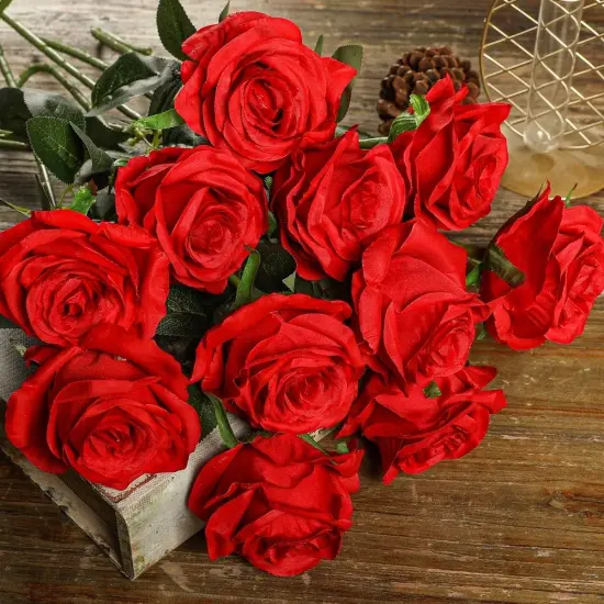 12 Pcs Red Roses Artificial Flowers Bouquet with Stems (Red) {3}