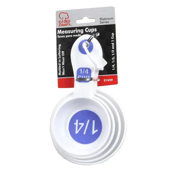 Chef Craft EZ-Read Large Print Plastic Measuring Cups Set, 1/4, 1/3, 1/2, and 1 Cup - White and Blue {3}