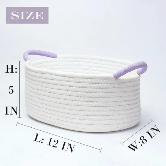 Empty Gift Baskets, Cute Woven Baskets for Storage, Small White Cotton Rope Baskets with Purple Handles for Women, Baby, Kid&rsquo;s, Pets Storage(Oval, 12"x 8"x 5") {5}