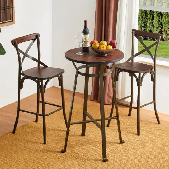 3 Piece Pub Table and Bar Chair Set - Steel Round Bar Table and Bar Chair Set Brown {9}