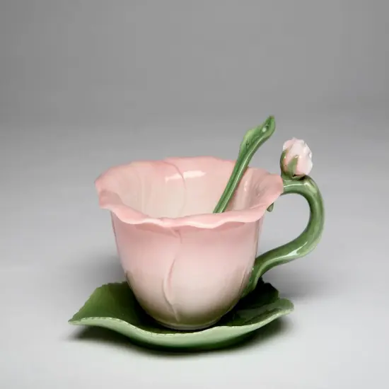 Ceramic Hibiscus Flower Cup and Saucer and Spoon-1 Set, Gift for Her, Gift for Mom, Gift for Friend or Coworker, Tea Party Décor, Café Decor {3}
