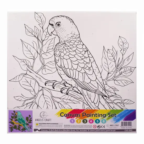 Angels Craft Paint by Number Canvas Set - Tropical Parrot| Includes: 1 Pre-printed Canvas, 6 Acrylic Paint pots, 1 Artist Brush {1}