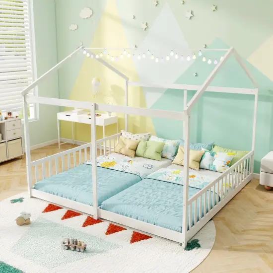 Double Floor Bed for Twins House Beds with Safety Guardrails for 2 Kids-White {2}