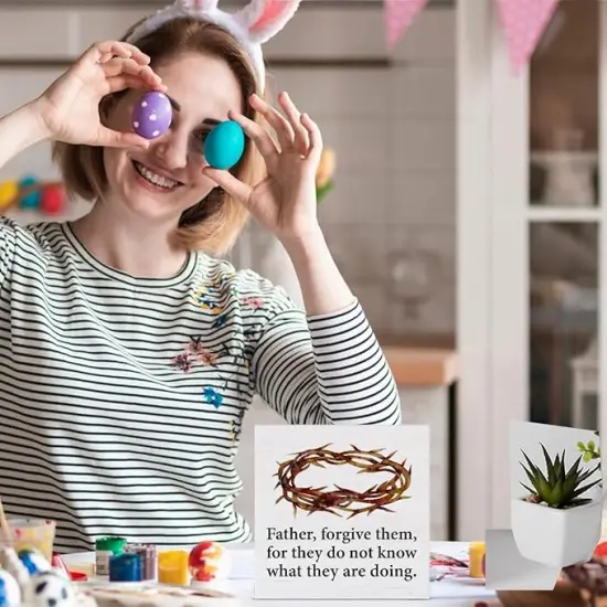 Christian Easter Decor Rustic Religious Wooden Sign Farmhouse Easter Desk Decorations Home Living Room Shelf Decor 5 x 5 Inches {4}