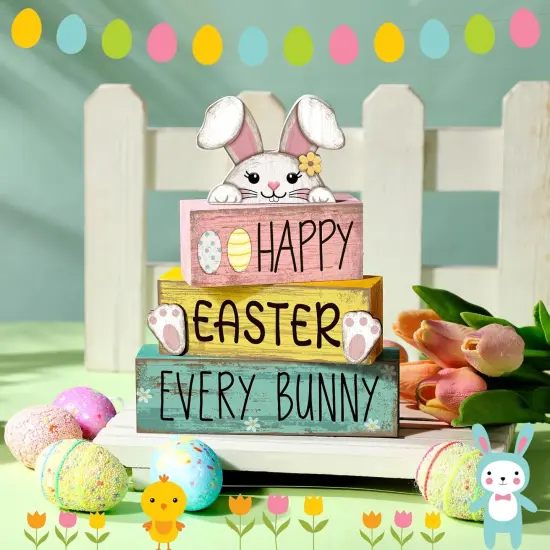 4 Pcs Easter Table Decorations Bunny Tiered Tray Decor Wooden Bunny Block Signs {3}