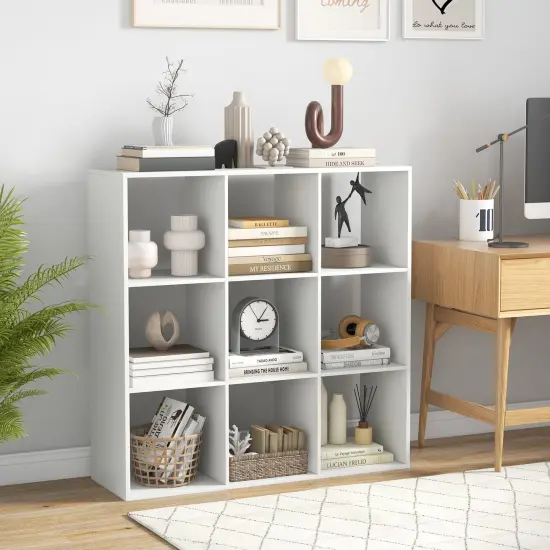 White 9 Storage Cube Bookshelf with Back Guardrail for Living Room or Bedroom {2}