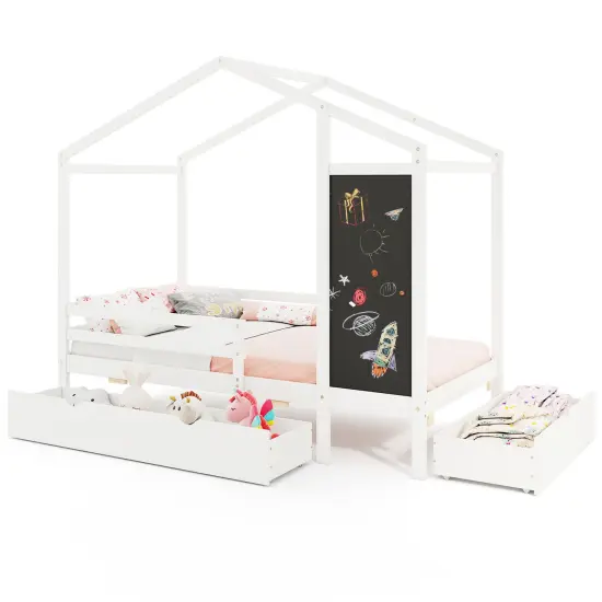 Wooden Twin House Bed with Storage Drawers Blackboard and Guardrails for Kids White {4}