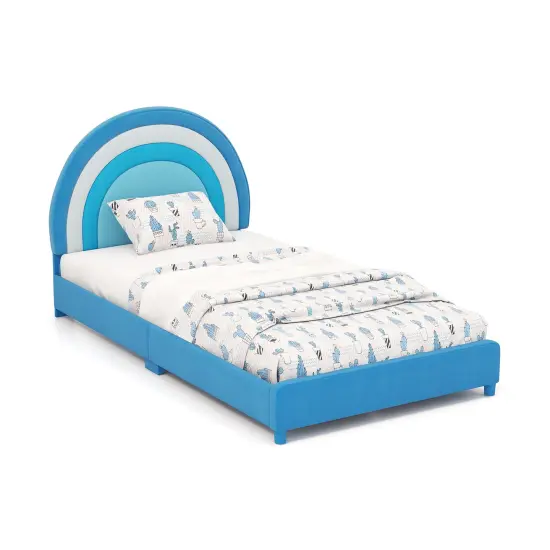 Velvet Kids Twin Bed with Adjustable Headboard Sturdy Wooden Frame and Soft Upholstery Blue {4}
