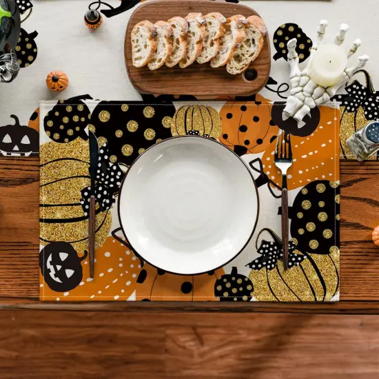 Set of 4 Jack-O-Lantern Halloween Placemats - 12x18 Inch (Orange/Black) {2}