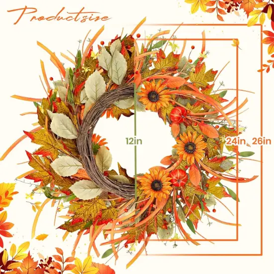 Autumn Fall Wreath with Pumpkin - 24-26 Inch {3}