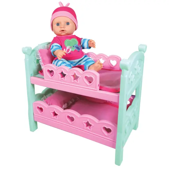 Lissi: 12" Doll Set: Bunk Bed & highchair - Pink, Green, Blue - 3pc Baby Doll Feeding & Sleep Toy Playset, Heart & Bird Outfit, Kids & Toddlers 2+ {5}