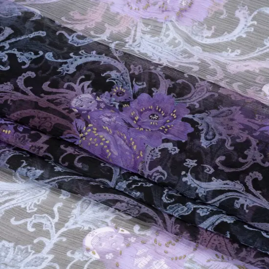 1 Yard Purple, Black and Metallic Gold Matryoshka Doll Crinkled Silk Chiffon Designer Fashion Textile 54 inch Width {1}