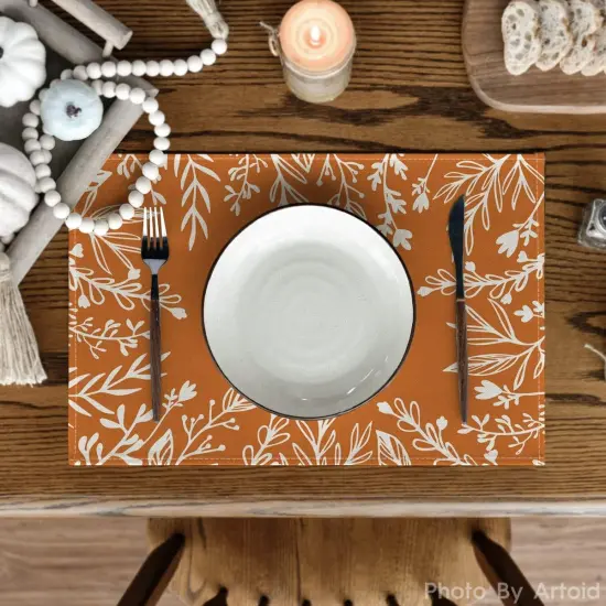 Set of 6 Eucalyptus Leaves Fall Placemats - 12x18 Inch (Orange/White) {2}