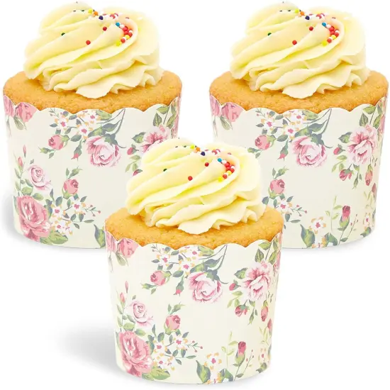 50-Pack Vintage Style Floral Cupcake Wrappers for Wedding, Flower Paper Baking Cups and Muffin Liners for Tea Parties, Bridal Showers, Baby Showers & Garden Parties- 2.25 x 2.75 In Yellow {4}