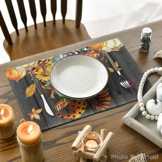 Set of 4 Gnomes Pumpkins Fall Placemats - 12x18 Inch (Black) {4}