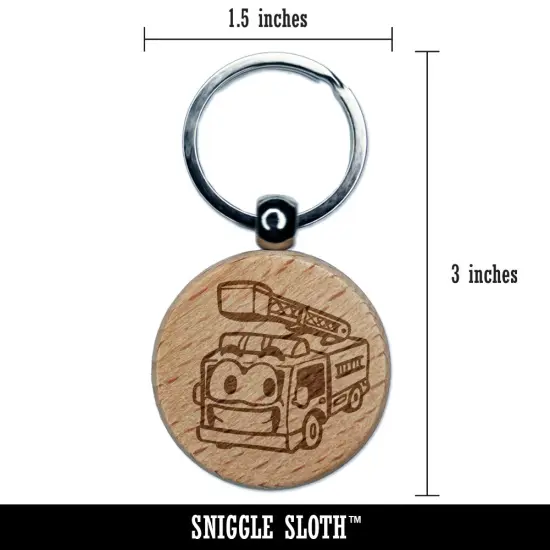 Smiling Cartoon Firetruck Vehicle Firefighter Truck Ladder Engraved Wood Round Keychain Tag Charm {2}