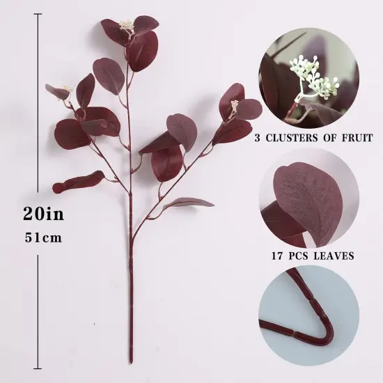 12Pcs 20" Silk Artificial Eucalyptus Stems - Burgundy {2}