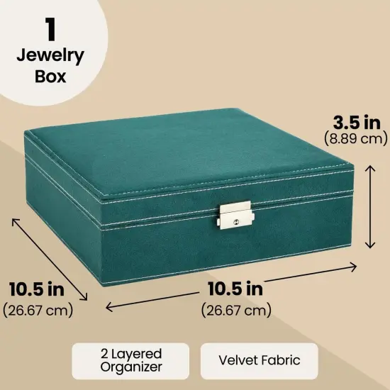 Velvet Jewelry Box Organizer - Lockable 2 Layer Travel Case, Earrings Storage with Removable Tray for Women, Men (Green) {4}