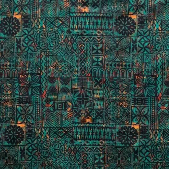 1 Yard Polynesian Tapa Print Peachskin Fabric for Cultural Crafts and Decorative Projects 60 Inch Width Green {1}