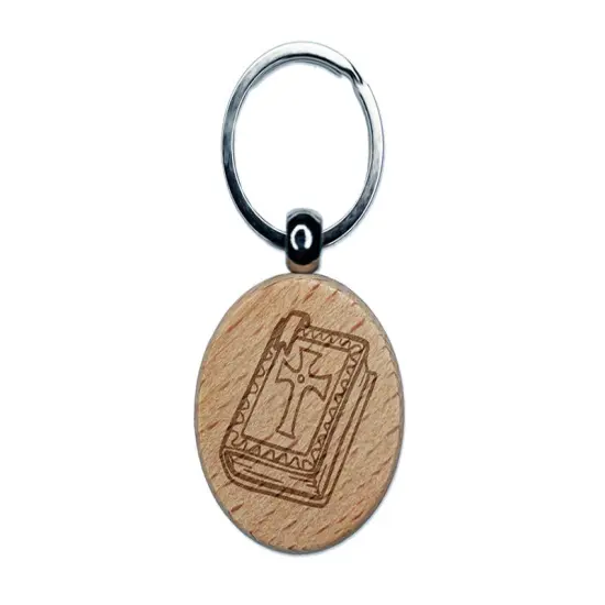Medieval Holy Bible Book Crusades Engraved Wood Round Keychain Tag Charm {1}