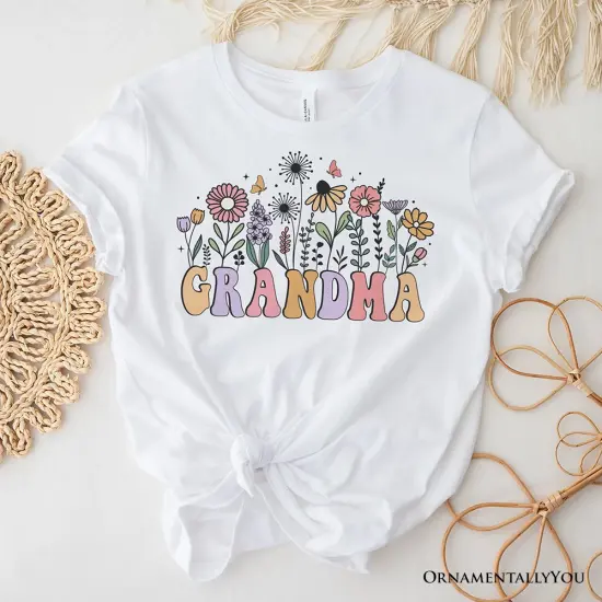 Retro Flowers Grandma T-Shirt, White Floral Tee Gift for Mothers Day {1}