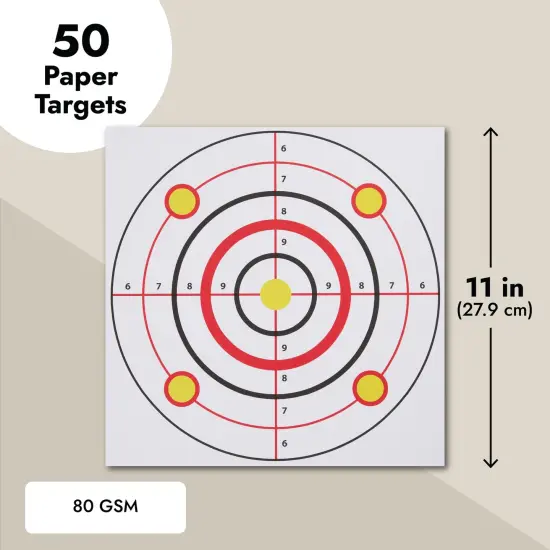 50 Pack Paper Shooting Targets for Range, Bulk for Hunting, Handguns, Pistols, Rifles, Bullseye Design (11x11 in) Multicolor {3}
