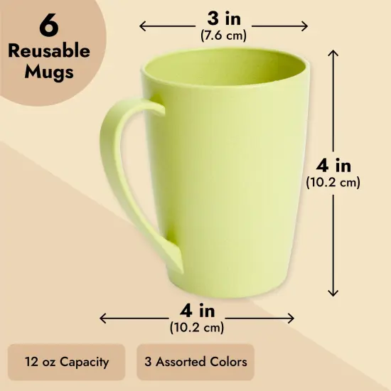 6-Pack 12oz Wheat Straw Mugs, Dishwasher Safe Unbreakable Coffee Mug Set with Handles, Reusable Plastic Mug for Coffee, Tea, Milk, Warm Beverages (3 Colors, 4x3x4 in) Multicolor {4}