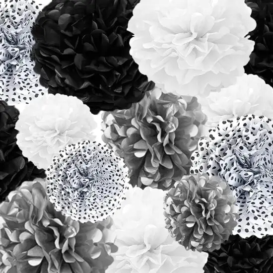 Tissue Paper Pompoms Paper Flower 22 Pcs Black,Silver, Polka Dot, White Paper Flower Ball for Birthday Bachelorette Wedding Baby Shower Bridal Shower Party Decoration {1}