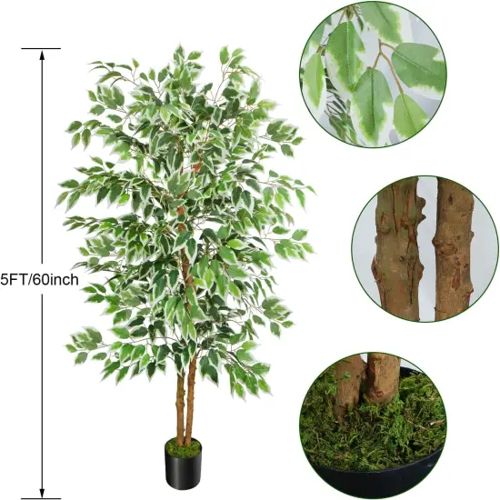 5ft Ficus Tree Artificial, Tall Fake Tree with Natural Trunk Faux Trees Indoor Silk Ficus Leaves Artificial Trees for Home Decor Indoor Summer Office Living Room Outdoor (Included Dried Moss) {2}