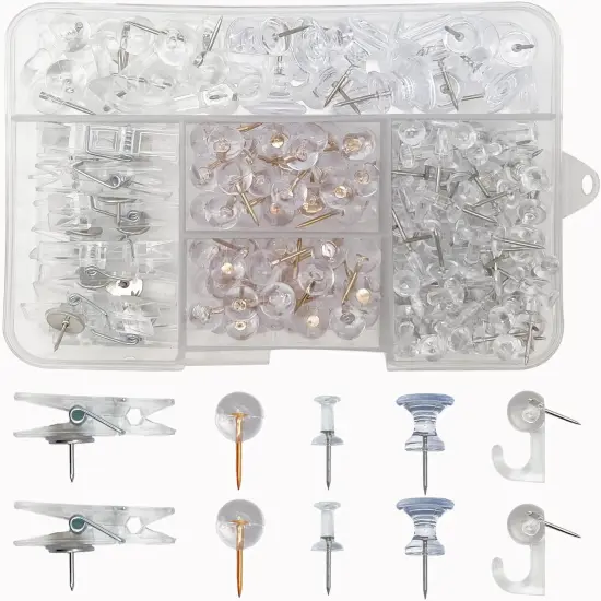 Clear Push Pins Set，200PCs Push Pins Clips Transparent Thumb Tacks Push Pins Hooks Decorative for Cork Board Wall Map Bulletin Boards(5 Styles,Clear) {1}