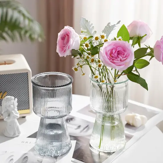 H7.5 inch Clear Vase, Ribbed Glass Vase Crystal Glass Flower,for Rustic Home Decor,Modern Farmhouse,Decorative Vases Flowers for,Ideal for Shelf,Table Entryway Decor {3}