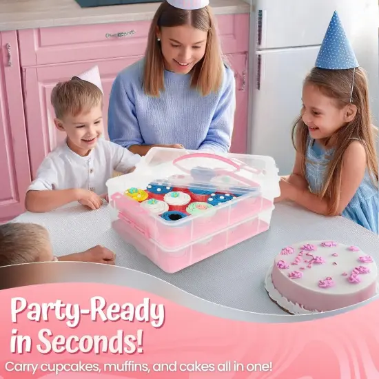 Cupcake Carrier, Cupcake Holder for 24 Cupcakes, Portable and Reusable Rectangular Cake Carrier with Lid and Handle, 2 Tier Stackable Layer Insert (Pink) {3}