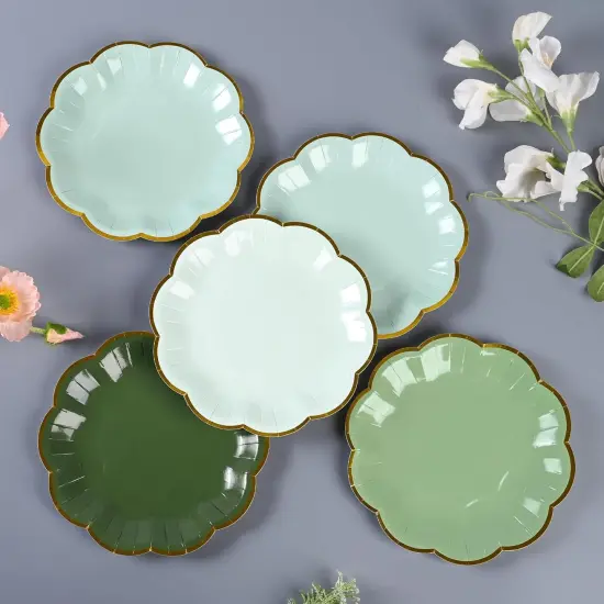 Summer Sage Green Party Plates Gradient Green Dessert Paper Plates 7inch Gold Foil Scalloped Edge Disposable Cake Plates (24, Sage Green) {3}