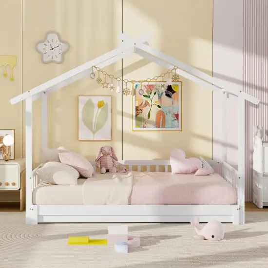 Extendable Daybed House Bed with Roof and Safety Fence Rails White {2}