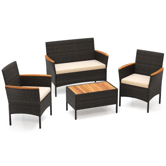 4 Piece Patio Wicker Metal Frame Conversation Set with 2 Rattan Chairs and Loveseat {1}