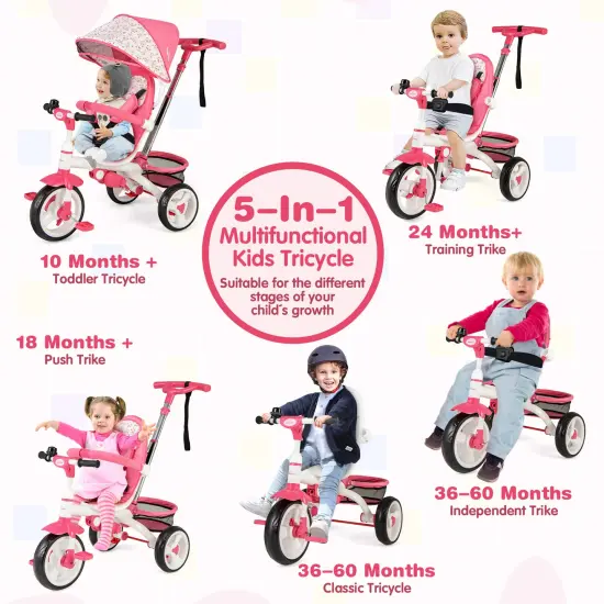 5-in-1 Detachable Baby Stroller Tricycle with Adjustable Sun Protection and Foldable Footrests Pink {6}