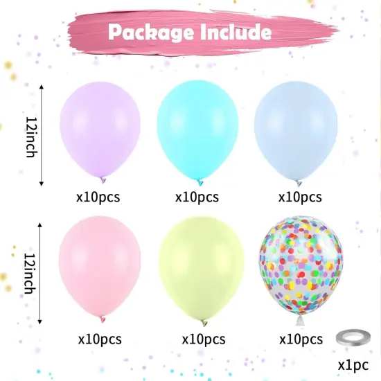 Pastel Balloons, Multicolor Macaron Balloons Latex Party Balloons, Baby Pink Blue Balloons Purple Yellow and Teal Balloons Rainbow Confetti Balloons for Kids Pastel Birthday Easter Party Baby Shower {2}