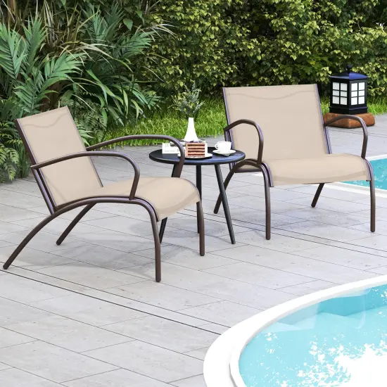 3 Piece Patio Wide Armchair Set Including Round Coffee Table with Metal Frame {3}