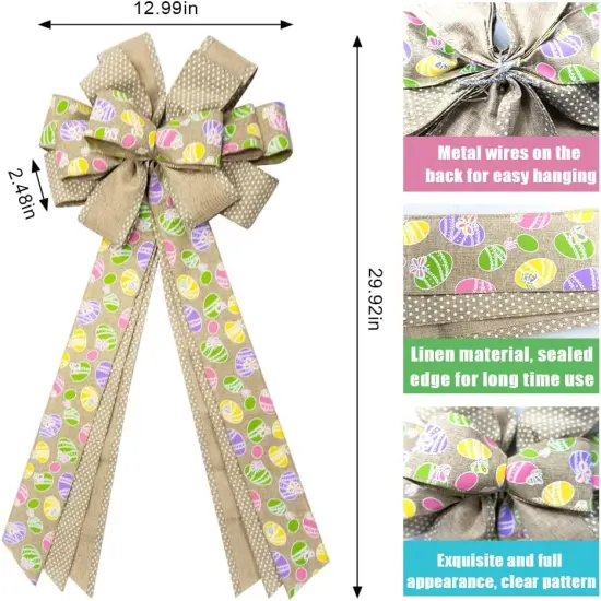 Large Easter Wreath Bows for Front Door, Flaxen Burlap Bows Easter Eggs Bow Holiday Spring Tree Topper Bows for Wreath Wall Window Easter Decorations {2}
