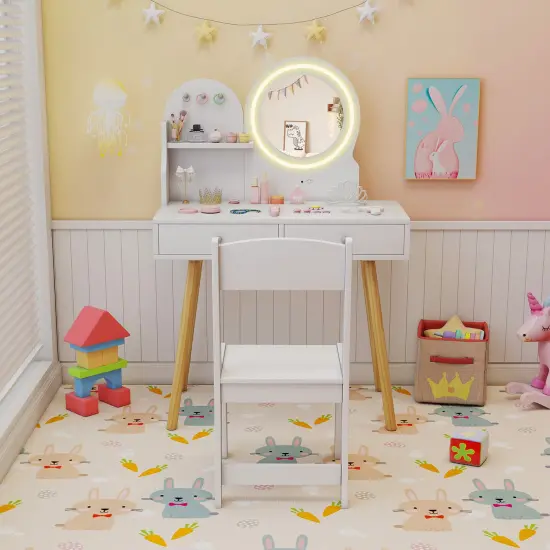 MDF and Pine Wood Kids Princess Dressing Desk with LED Mirror, Storage and Chair White {3}