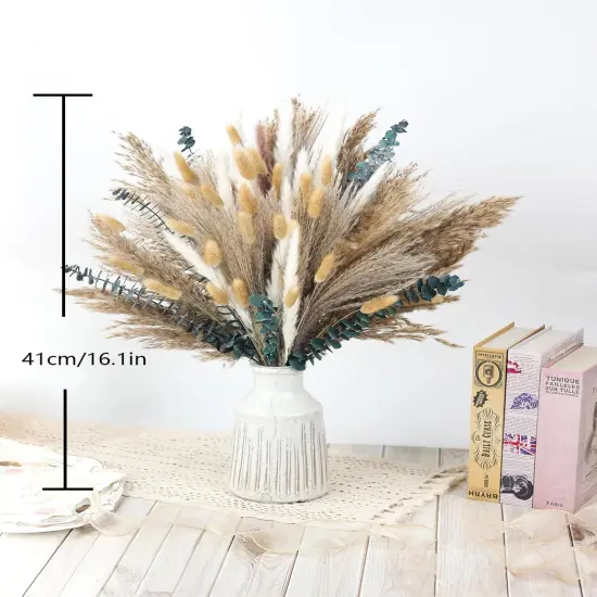 120 PCS Dried Pampas Grass Decoration, Pampas Grass with Preserved Eucalyptus Leaves Dried Flowers, Reed Grass Bouquet for Bohemian Flowers Home Table Wedding Decoration {3}