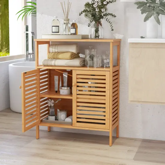 Costway Bamboo Storage Cabinet with Double Louvered Doors Open Shelf & Removable Shelf {2}
