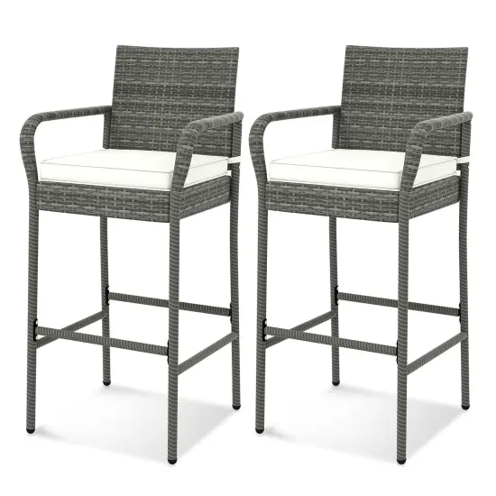 Set of 2 Patio Wicker Barstools with Armrests and Soft Cushions Ideal for Outdoor Use {1}