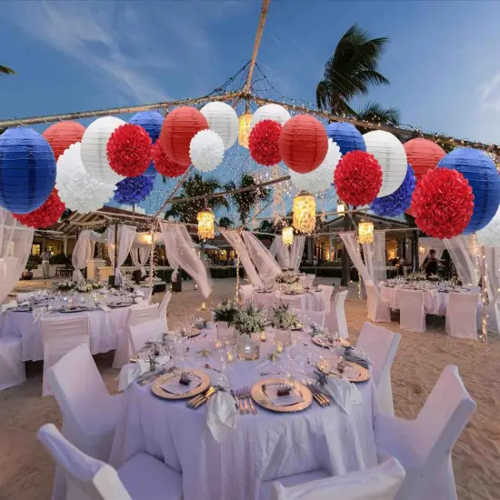 Hanging Party Decorations Set, 15pcs Navy Blue White Red Paper Flowers Pom Poms Balls and Paper Lanterns for 4th of July Decorations Patriotic Decoration Wedding Birthday Baby Shower {2}