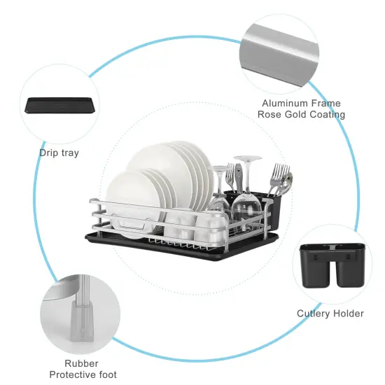 Smart Space-Saving Steel Dish Drying Rack with Removable Cutlery Holder & Drainer Tray &ndash; Anti-Slip Base &ndash; Compact for Apartments (16.92&rdquo;L x 12.4&rdquo;W) Silver {3}