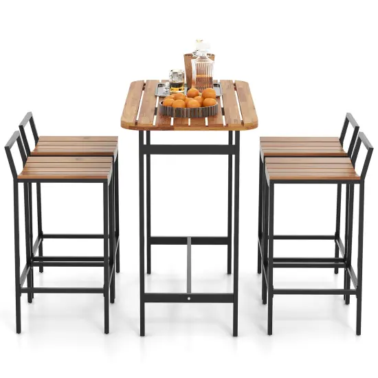 5 Piece Acacia Wood Patio Bistro Set Including Bar Height Table and 4 Chairs with Metal Frame {4}