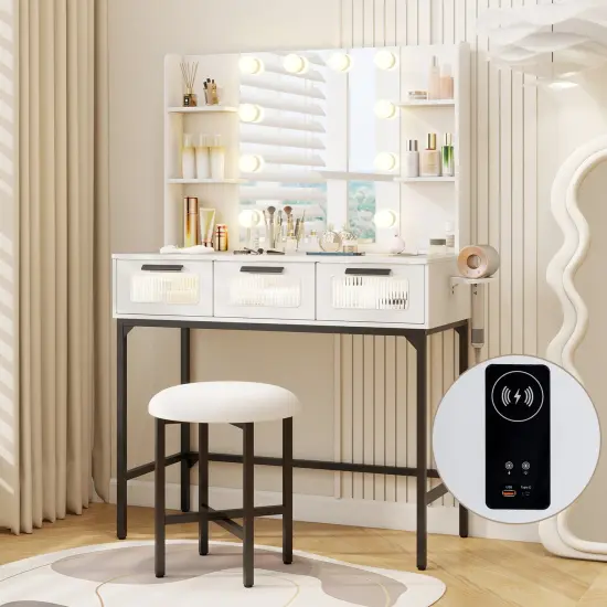 White Vanity Set with 3-Color LED Mirror, Charging Station & Storage {3}