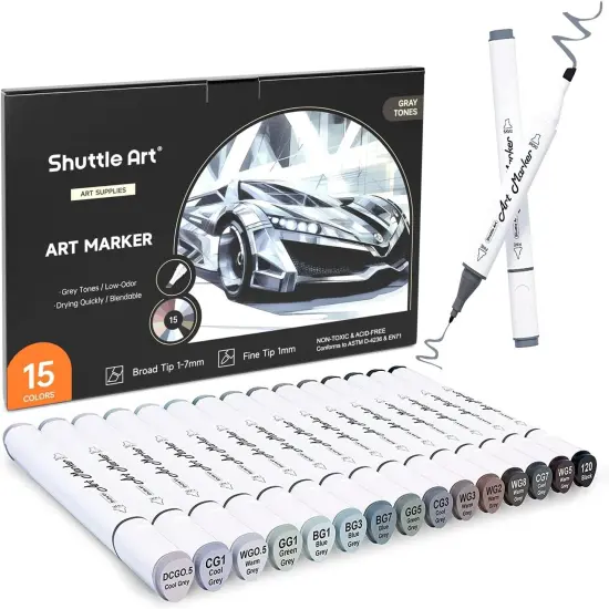 15 Colors Grey Tones Dual Tip Art Marker, Alcohol Based Marker Pens Double Ended with Fine and Chisel Point Tips {1}