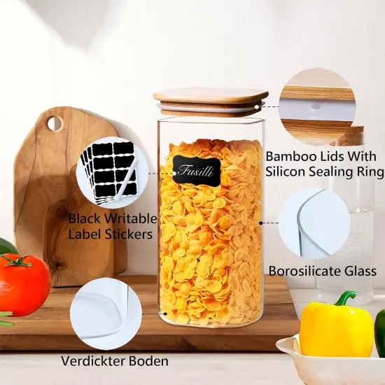 50oz Square Glass Storage Containers with Lids, Clear Food Storage Container Jar with Sealing Bamboo Lid for Noodles Flour Cereal Rice Sugar Tea Coffee Beans,Square Set of 3 {4}