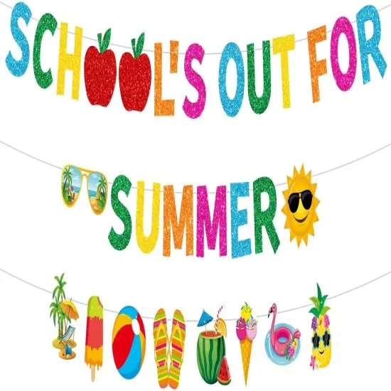 Glitter School&rsquo;s out for Summer Banner and Colorful Glittery Summer Patterns Banner End of School Year Garland Banner Summer Vacation Beach Pool Party Fireplace Mantle Decorations {1}